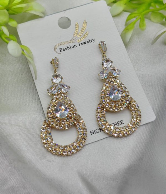 Imported Glamorous Crystal-Studded Teardrop Earrings – Gold Finish