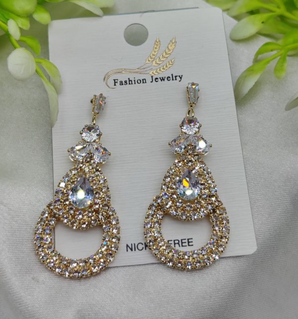 Imported Glamorous Crystal-Studded Teardrop Earrings – Gold Finish