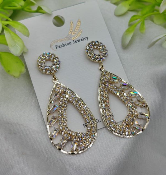 Sparkling Teardrop Crystal Earrings – Elegant Gold-Finish Statement Jewellery for Women & Girls