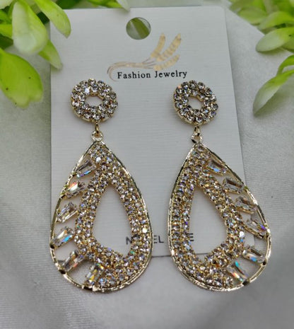 Sparkling Teardrop Crystal Earrings – Elegant Gold-Finish Statement Jewellery for Women & Girls